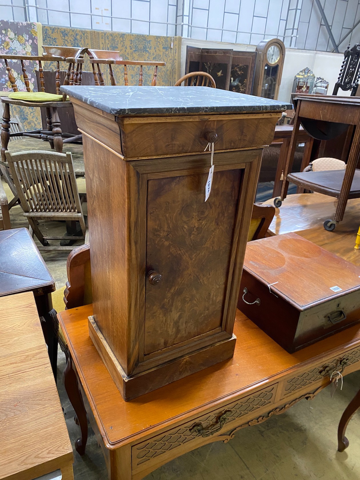 A 19th century French mahogany marble top bedside cabinet, width 40cm, depth 34cm, height 71cm